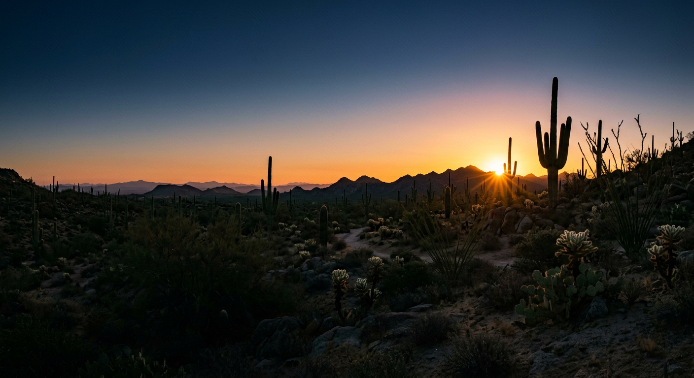 Sunrise over the Sonoran desert with saguaro cactus